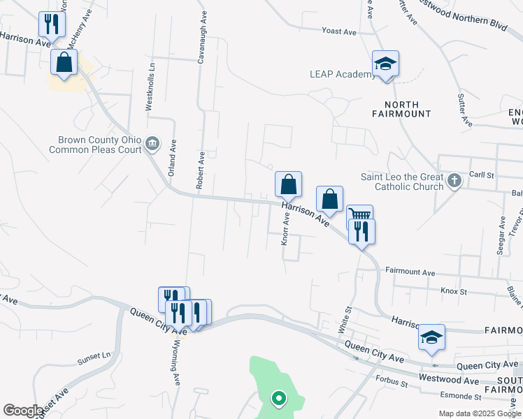 map of restaurants, bars, coffee shops, grocery stores, and more near 2101 Harrison Avenue in Cincinnati
