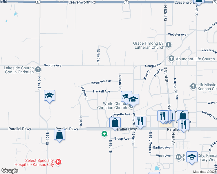 map of restaurants, bars, coffee shops, grocery stores, and more near 8616 Haskell Avenue in Kansas City
