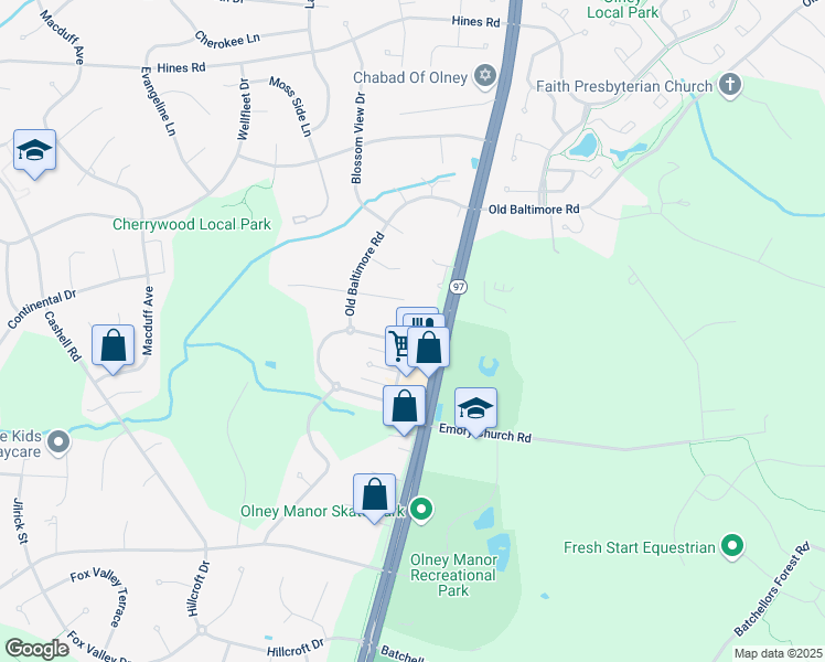 map of restaurants, bars, coffee shops, grocery stores, and more near 16900 Georgia Avenue in Olney
