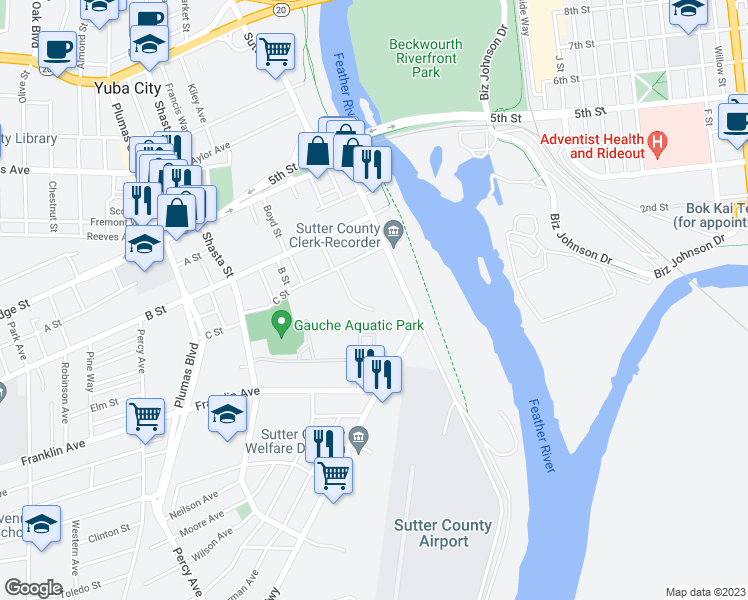 map of restaurants, bars, coffee shops, grocery stores, and more near 365 McRae Way in Yuba City