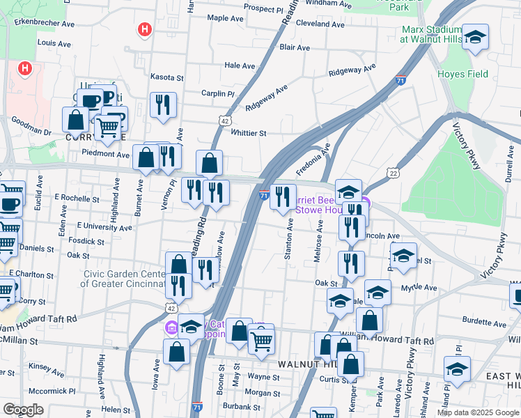 map of restaurants, bars, coffee shops, grocery stores, and more near 665 Omaha Street in Cincinnati