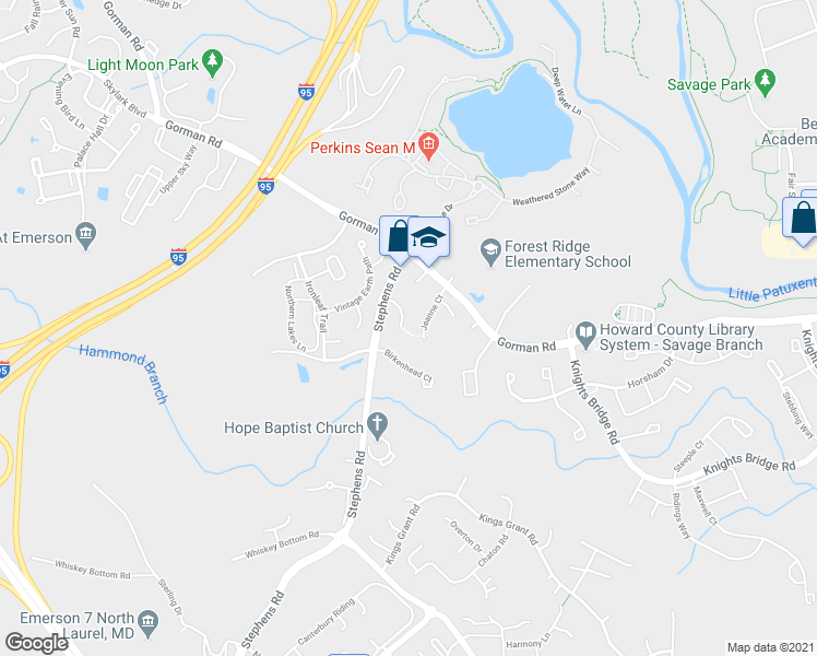 map of restaurants, bars, coffee shops, grocery stores, and more near 8629 Jennifer Court in Laurel