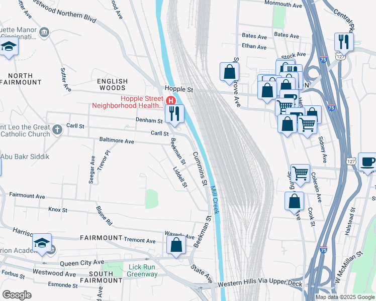 map of restaurants, bars, coffee shops, grocery stores, and more near 2627 Cummins Street in Cincinnati