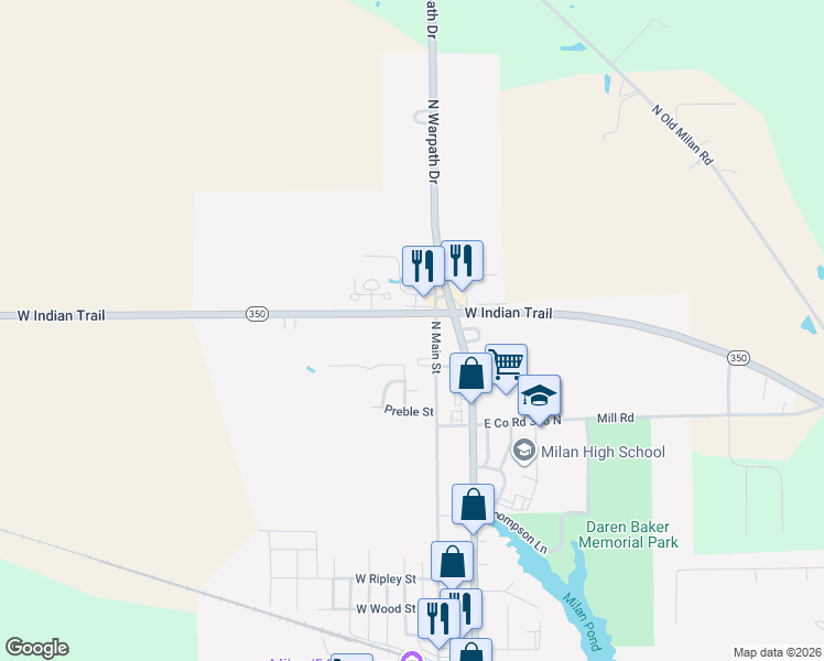 map of restaurants, bars, coffee shops, grocery stores, and more near 926 North Main Street in Milan