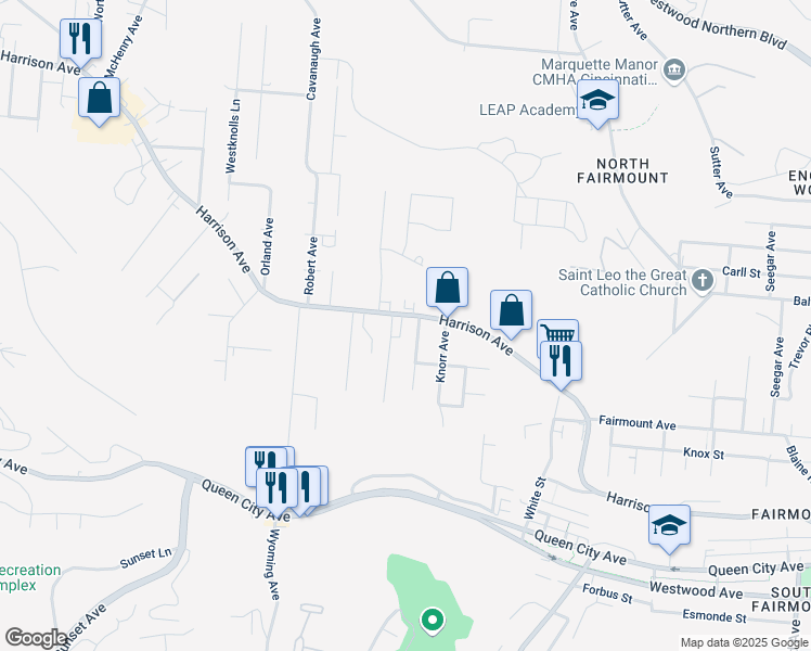 map of restaurants, bars, coffee shops, grocery stores, and more near 2101 Harrison Avenue in Cincinnati
