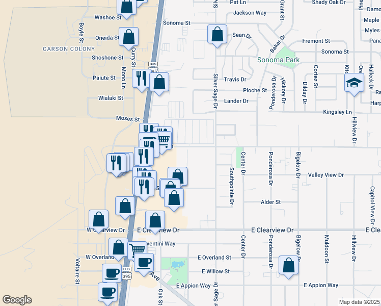 map of restaurants, bars, coffee shops, grocery stores, and more near 349 Koontz Lane in Carson City