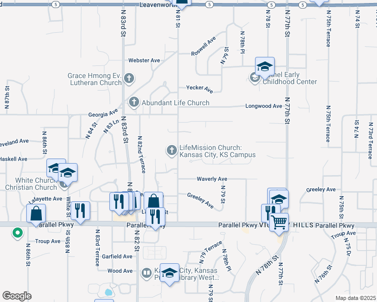 map of restaurants, bars, coffee shops, grocery stores, and more near 8027 Cleveland Ave in Kansas City