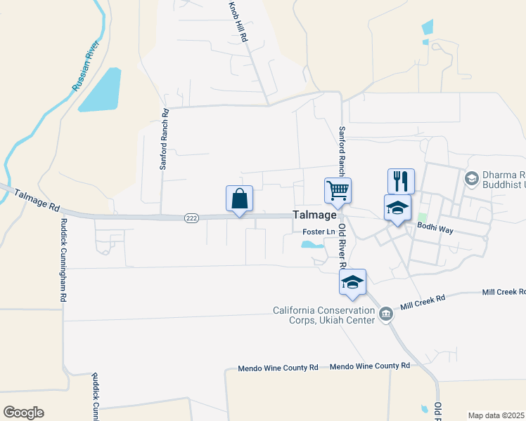 map of restaurants, bars, coffee shops, grocery stores, and more near 1740 Talmage Road in Ukiah