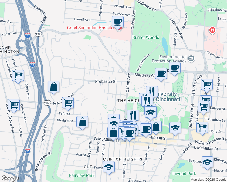 map of restaurants, bars, coffee shops, grocery stores, and more near 2805 Stratford Avenue in Cincinnati