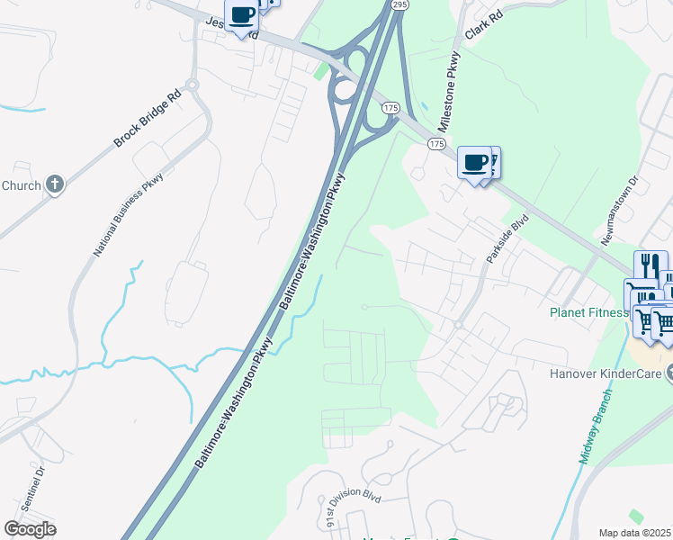 map of restaurants, bars, coffee shops, grocery stores, and more near 8039 Max Blobs Park Road in Jessup