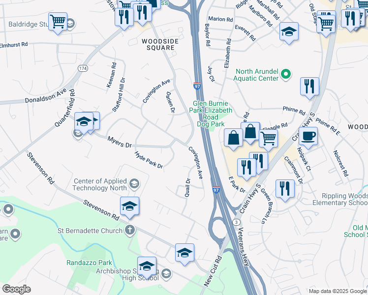 map of restaurants, bars, coffee shops, grocery stores, and more near 7958 Covington Avenue in Glen Burnie