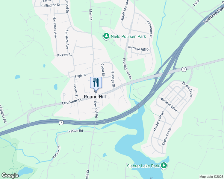 map of restaurants, bars, coffee shops, grocery stores, and more near 18 East Loudoun Street in Round Hill