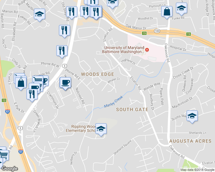 map of restaurants, bars, coffee shops, grocery stores, and more near 7527 Baleen Court in Glen Burnie