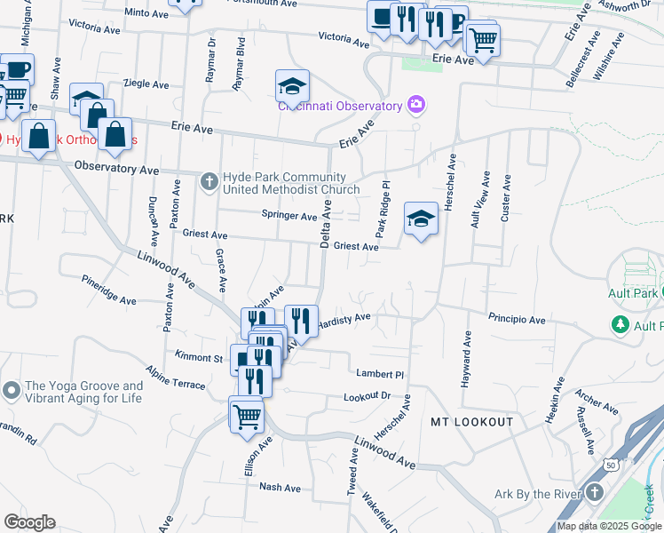 map of restaurants, bars, coffee shops, grocery stores, and more near 1211 Isis Avenue in Cincinnati