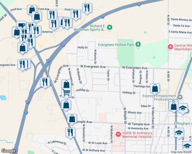 map of restaurants, bars, coffee shops, grocery stores, and more near 1002 Flame Avenue in Effingham