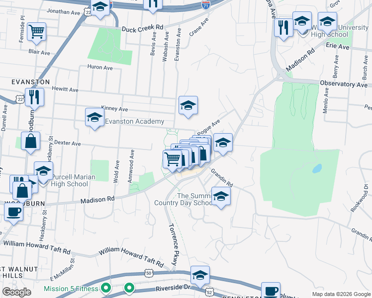 map of restaurants, bars, coffee shops, grocery stores, and more near 3038 Cinnamon Street in Cincinnati