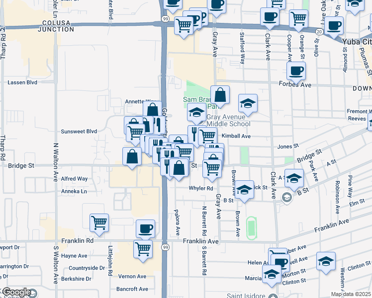 map of restaurants, bars, coffee shops, grocery stores, and more near 1191 Bridge Street in Yuba City