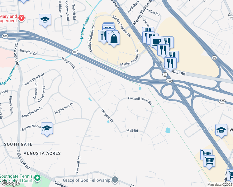 map of restaurants, bars, coffee shops, grocery stores, and more near 138 Steeplechase Cir in Glen Burnie