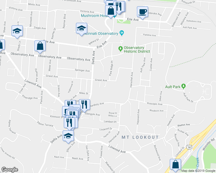 map of restaurants, bars, coffee shops, grocery stores, and more near 1204 Hidden Wood Place in Cincinnati