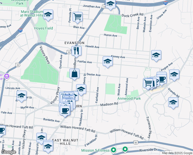 map of restaurants, bars, coffee shops, grocery stores, and more near 3055 Fairfield Avenue in Cincinnati