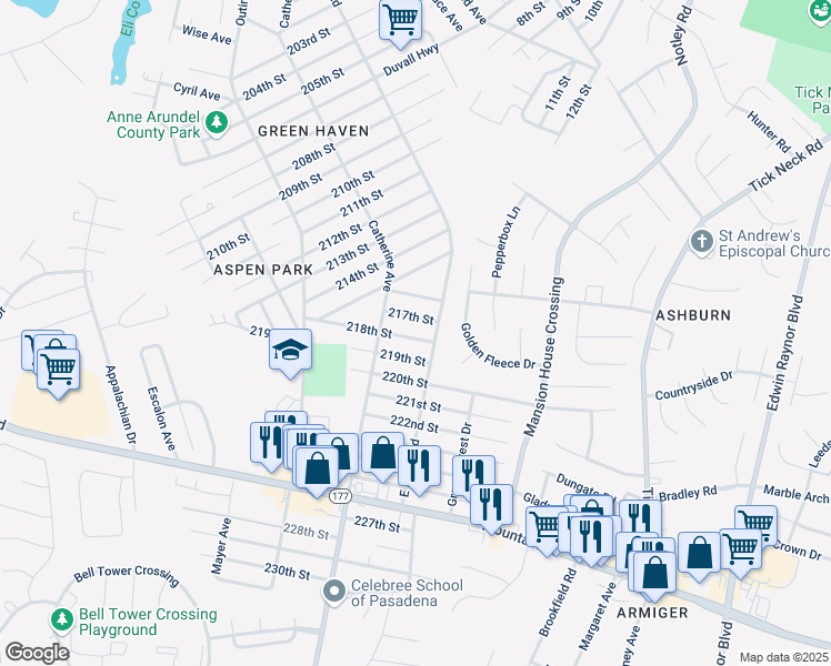 map of restaurants, bars, coffee shops, grocery stores, and more near 758 218th Street in Pasadena