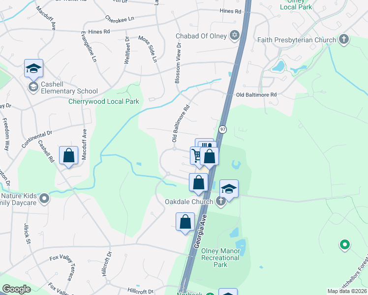 map of restaurants, bars, coffee shops, grocery stores, and more near 3621 Martins Dairy Circle in Olney