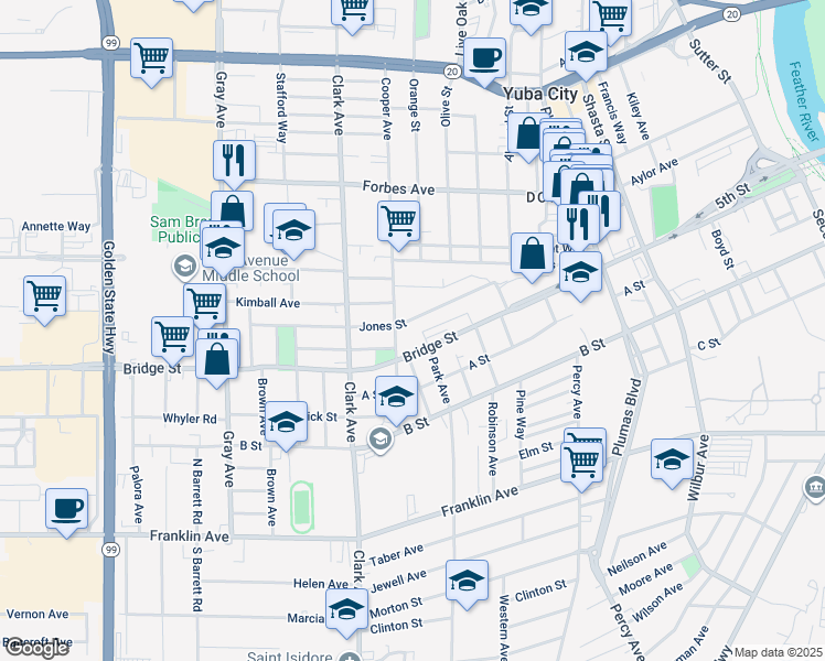 map of restaurants, bars, coffee shops, grocery stores, and more near 625 Cooper Ave in Yuba City