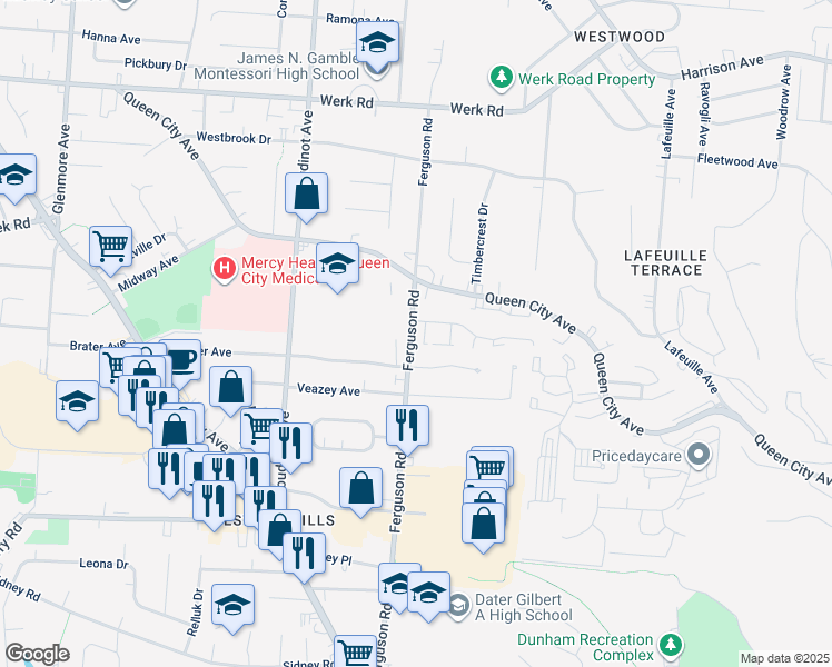 map of restaurants, bars, coffee shops, grocery stores, and more near 2562 Ferguson Road in Cincinnati