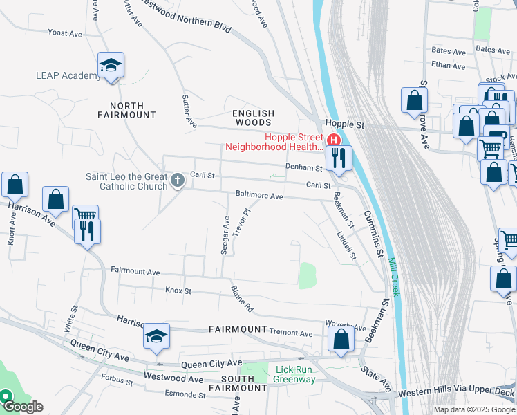 map of restaurants, bars, coffee shops, grocery stores, and more near 2594 Trevor Place in Cincinnati