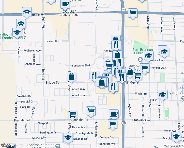map of restaurants, bars, coffee shops, grocery stores, and more near 1491 Bridge Street in Yuba City