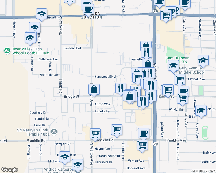 map of restaurants, bars, coffee shops, grocery stores, and more near 1525 Bridge Street in Yuba City