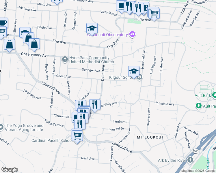 map of restaurants, bars, coffee shops, grocery stores, and more near 1211 Isis Avenue in Cincinnati