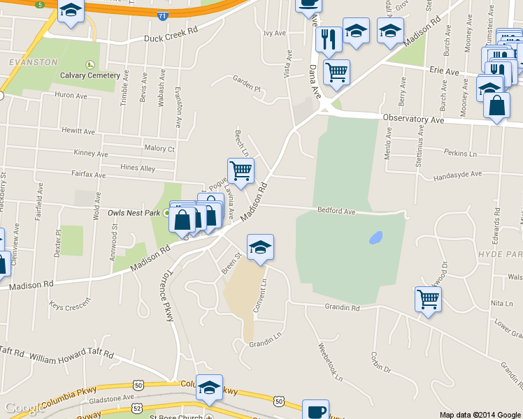 map of restaurants, bars, coffee shops, grocery stores, and more near 2150 Madison Road in Cincinnati