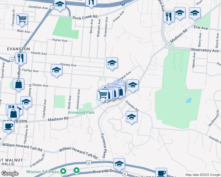 map of restaurants, bars, coffee shops, grocery stores, and more near 3038 Cinnamon Street in Cincinnati