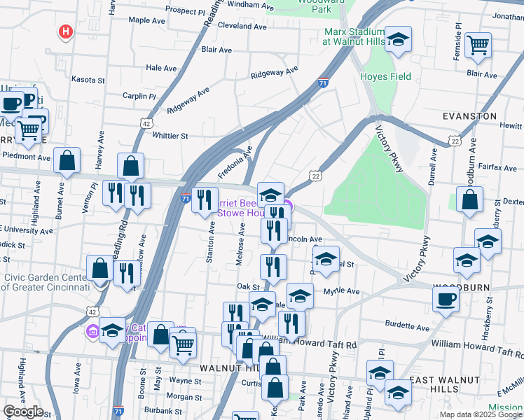 map of restaurants, bars, coffee shops, grocery stores, and more near 862 Beecher Street in Cincinnati