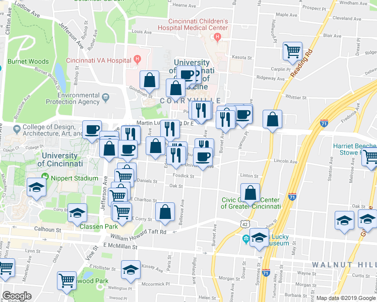 map of restaurants, bars, coffee shops, grocery stores, and more near 232 Donahue Street in Cincinnati