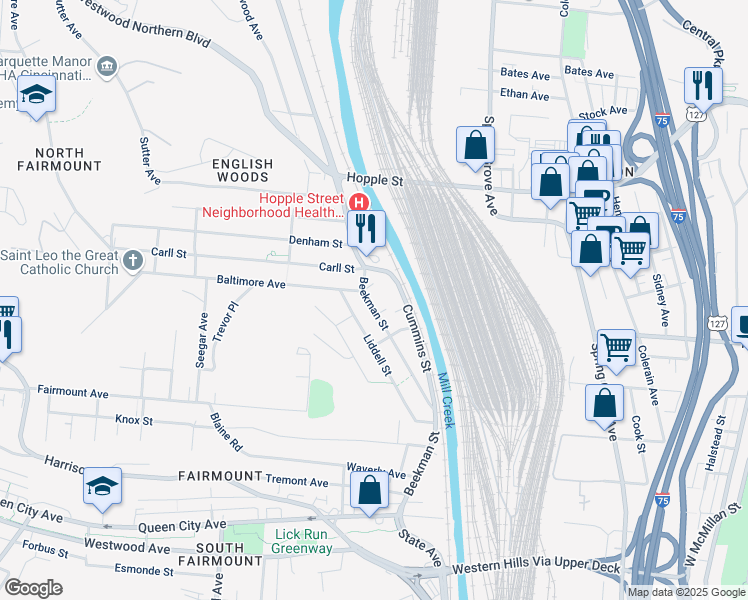map of restaurants, bars, coffee shops, grocery stores, and more near 2627 Cummins Street in Cincinnati