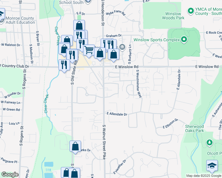 map of restaurants, bars, coffee shops, grocery stores, and more near 2893 South Walnut Street Pike in Bloomington