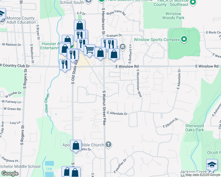 map of restaurants, bars, coffee shops, grocery stores, and more near 2893 South Walnut Street Pike in Bloomington