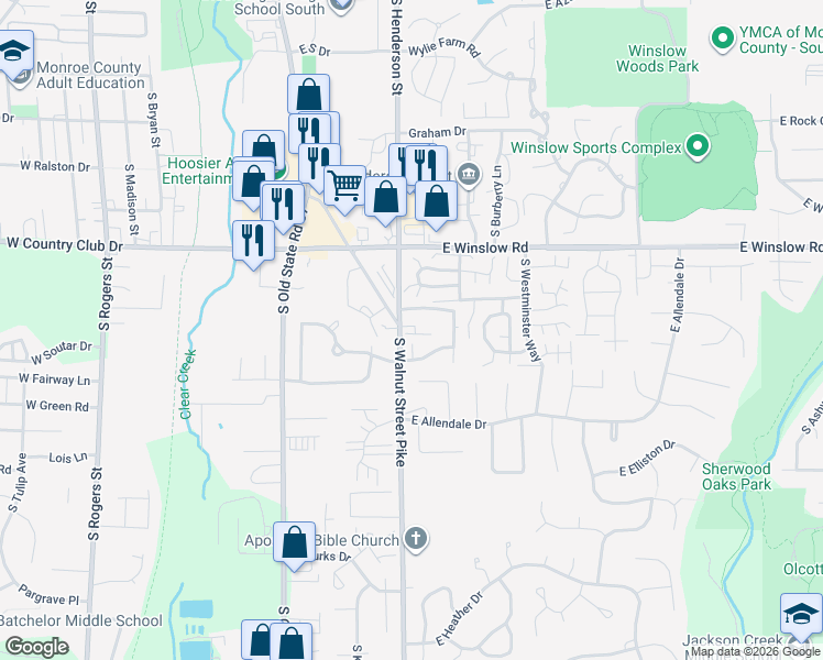 map of restaurants, bars, coffee shops, grocery stores, and more near 2893 South Walnut Street Pike in Bloomington