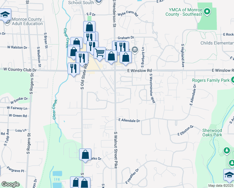 map of restaurants, bars, coffee shops, grocery stores, and more near 2893 South Walnut Street Pike in Bloomington