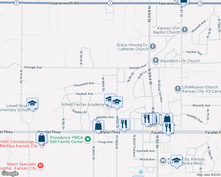 map of restaurants, bars, coffee shops, grocery stores, and more near 2424 North 85 Street in Kansas City