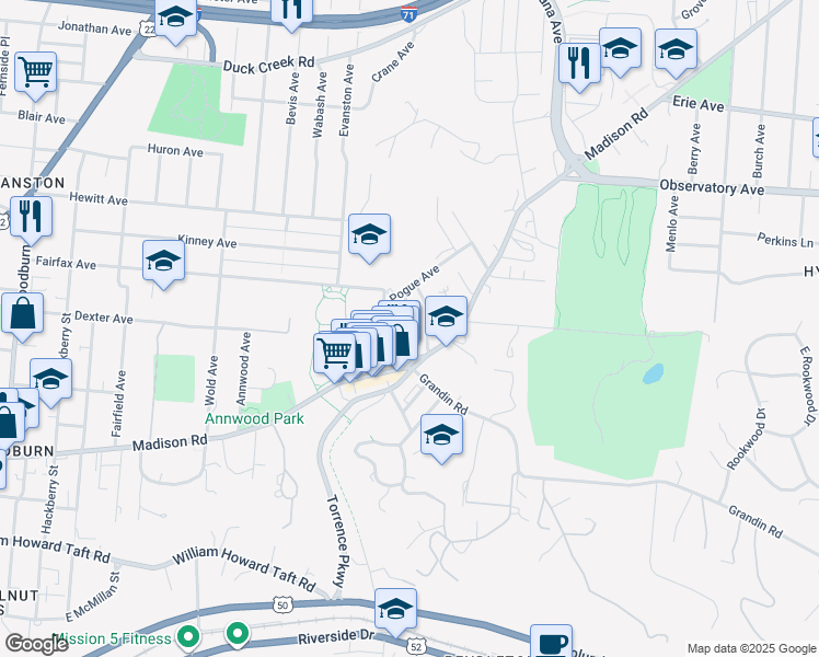 map of restaurants, bars, coffee shops, grocery stores, and more near 3032 O Bryon Street in Cincinnati