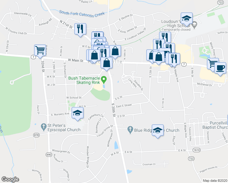 map of restaurants, bars, coffee shops, grocery stores, and more near 330 South 20th Street in Purcellville