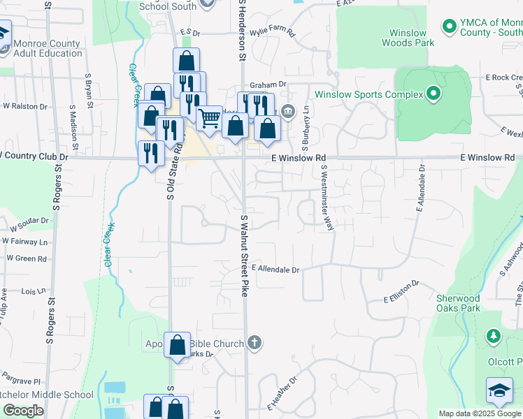 map of restaurants, bars, coffee shops, grocery stores, and more near 2893 South Walnut Street Pike in Bloomington