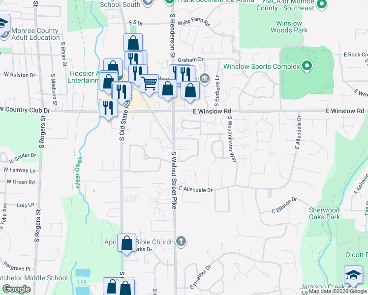 map of restaurants, bars, coffee shops, grocery stores, and more near 2893 South Walnut Street Pike in Bloomington