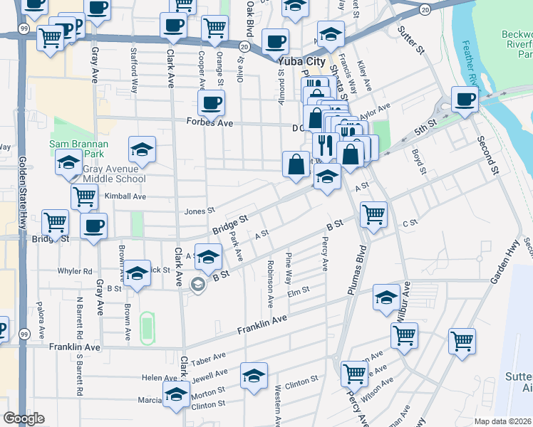 map of restaurants, bars, coffee shops, grocery stores, and more near 658 Bridge Street in Yuba City