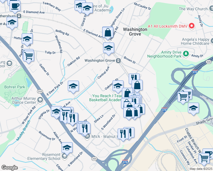 map of restaurants, bars, coffee shops, grocery stores, and more near 8713 Oakmont Street in Gaithersburg