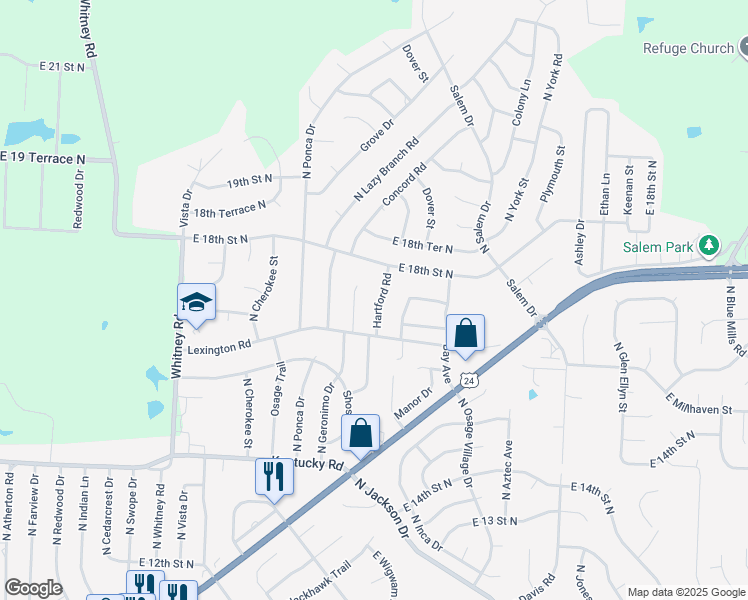 map of restaurants, bars, coffee shops, grocery stores, and more near 1700 Hartford Road in Independence