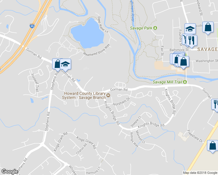 map of restaurants, bars, coffee shops, grocery stores, and more near 9313 Woodsedge Court in Laurel